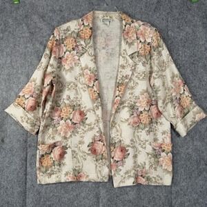 Vtg Linen Blazer 80s Cottagecore Garden Old Money Womens Large Flax Blend Floral